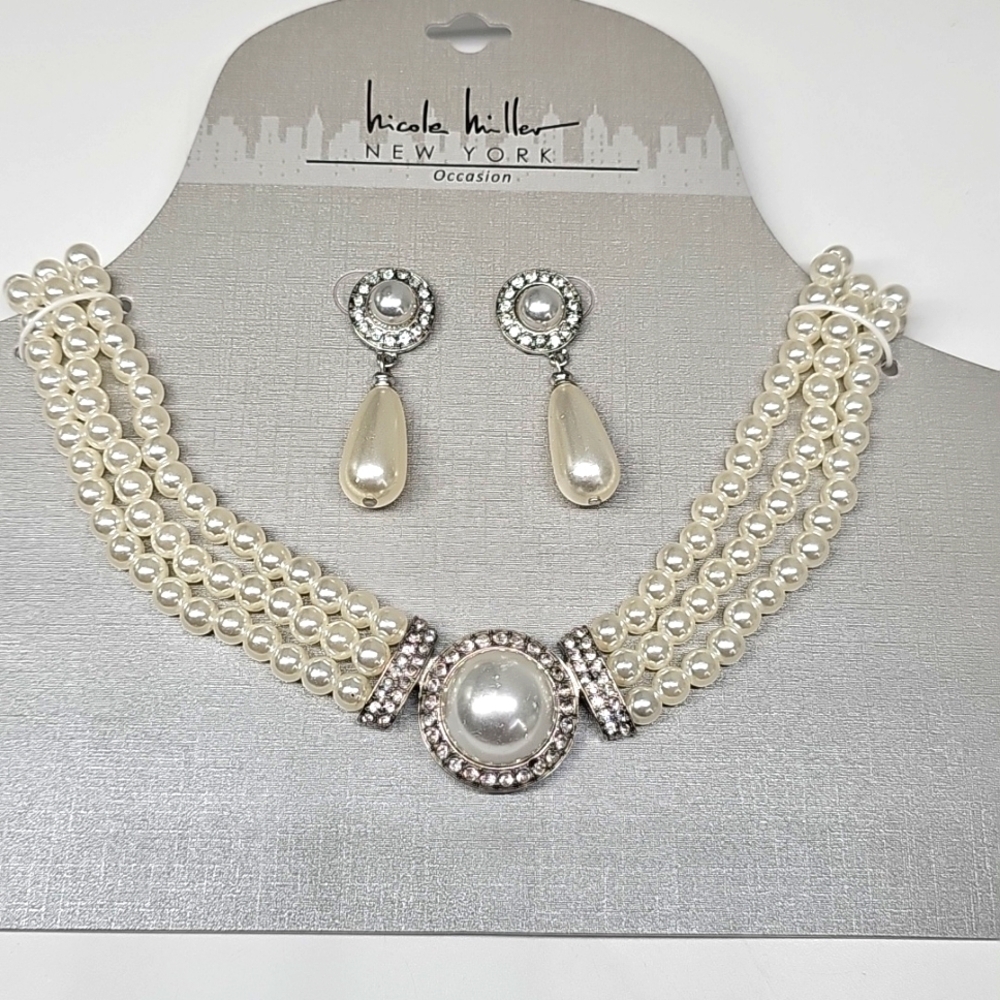 Nicole Miller Sophisticated 3-Strand Pearl Necklace & Drop Earrings Set‎